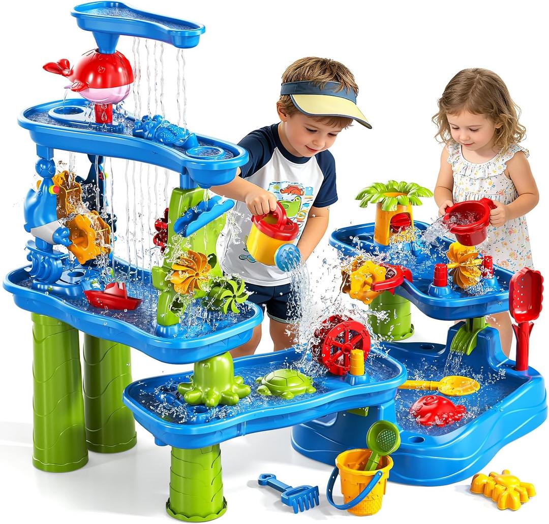 Sand and Water Table for Toddlers 18M+, 5-Tier Outdoor Toys and Play Activity Set for Kids Boys Girls Toddlers Ages 3 4 5 6 7 8 Years, Kids Sand Water Play Table Summer Beach & Pool Toys for Yard