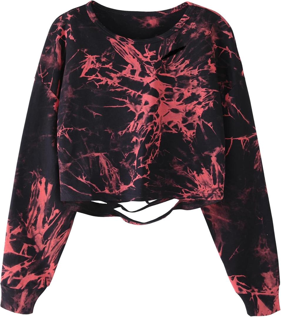 Avanova Women Tie Dye Sweatshirt Long Sleeve Crop Top Ripped Oversized Shirt Black Red Medium