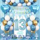 13th Birthday Decorations Blue White Gold,13th Birthday Balloons with Happy Birthday Banner Fringe Curtain Heart Foil Balloons for Boys Girls 13 Year Old Birthday Decor