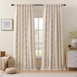 Cream Beige Geometry Curtains 96 Inches Long 2 Panels Neutral Fluffy Curtains Moroccan Trellis Rod Pocket Back Tab Light Filtering Semi Sheer Hexagon Tufted Decor Drapes for Living Room, 52x96