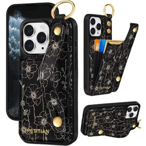 Petitian for iPhone 11 Pro Max Wallet Case - Women Girls Cute Girly Aesthetic Unique Design Leather Credit Card Holder Phone Cover Stand Wristband for iPhone 11 Pro Max, Line Floral