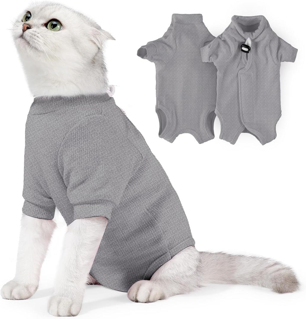 JOHNBOLIN Cat Surgery Recovery Suit - E-Collar Alternative Anti-Licking Spay/Neuter Bodysuit, Soft Pet Surgical Pajamas for Cats, Abdominal Wound Onesie (Grey, Medium)