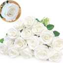 15Pcs Artificial White Roses, Artificial Silk Fake White Rose Flower with Single Long Stems, Realistic Forever Bouquet Flowers for DIY Arrangements Home Decor Office Garden Party Wedding Gifts