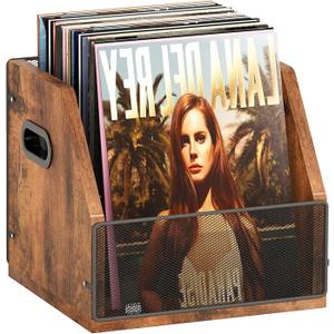 Vinyl Record Storage, Rustic Record Holder,Record Crates for Vinyl, Pine Wood & Metal Record Box for Display, 60Record Capacity LP Album Organizer