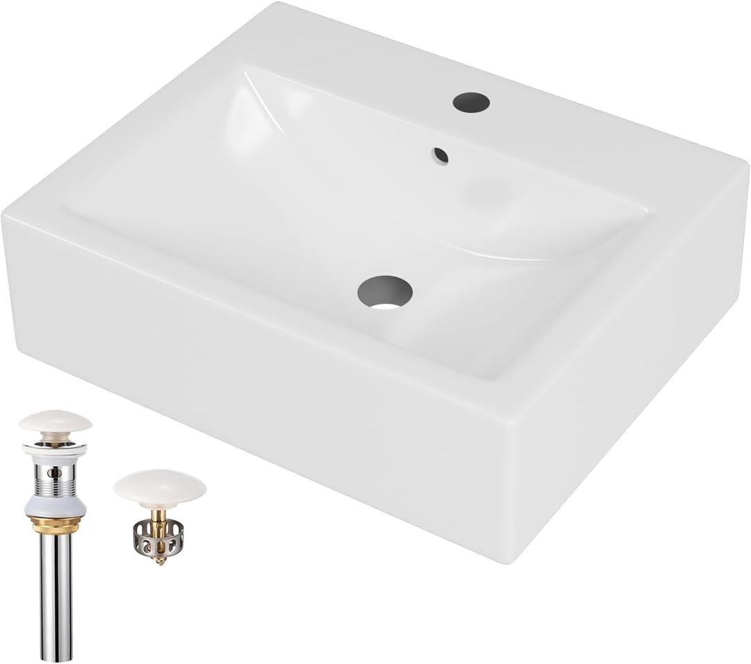 Bathroom Vessel Sink, Wall Mount 20.5 Rectangle Floating Ceramic Basin for Small Bathroom with Pop-up Darin/Overflow, Modern White, Countertop
