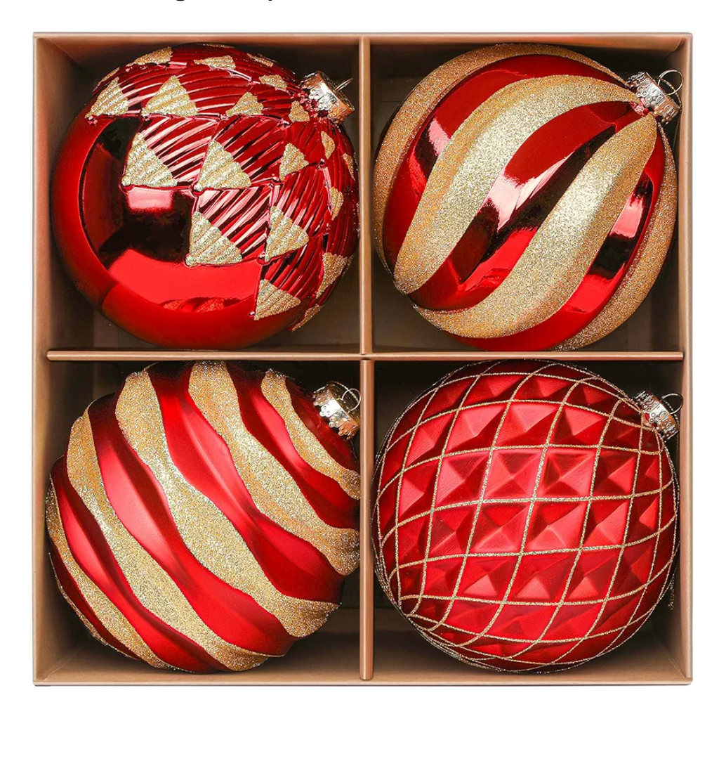 Alupssuc 6''/150mm Large Christmas Ball Ornaments, 4Pcs Christmas Tree Decor, Shatterproof Hanging Decorations with Hooks, Red & Gold Baubles for Xmas Tree, Wedding, Holiday and Party Decor