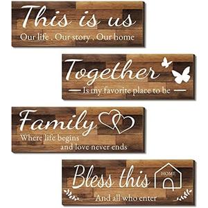 4 Pieces Home Wall Signs, THIS IS US/TOGETHER/BLESS THIS HOME/FAMILY Wall Decor For Living Room Bedroom, Rustic Wooden Farmhouse Wall Art , 4.7 x 13.8 Inch(Brown)