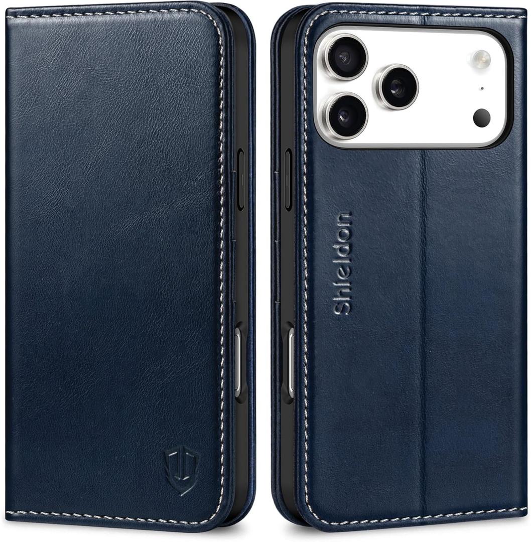 SHIELDON Wallet Case for iPhone 17 Pro Max 6.9-inch 2025 | Genuine Leather, Folio, RFID Blocking Credit Card Holder, Kickstand, Magnetic, Shockproof Protective Cover - Retro Dark Blue