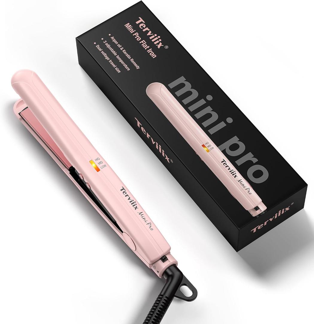 Terviiix Mini Hair Straightener Adjustable Temp, Travel-Size Mini Flat Iron, Mini Flat Irons for Short Hair/Curls Bangs, Ceramic Portable Small Hair Curler, Dual Voltage, Auto-Off, 1/2'', Matte Pink