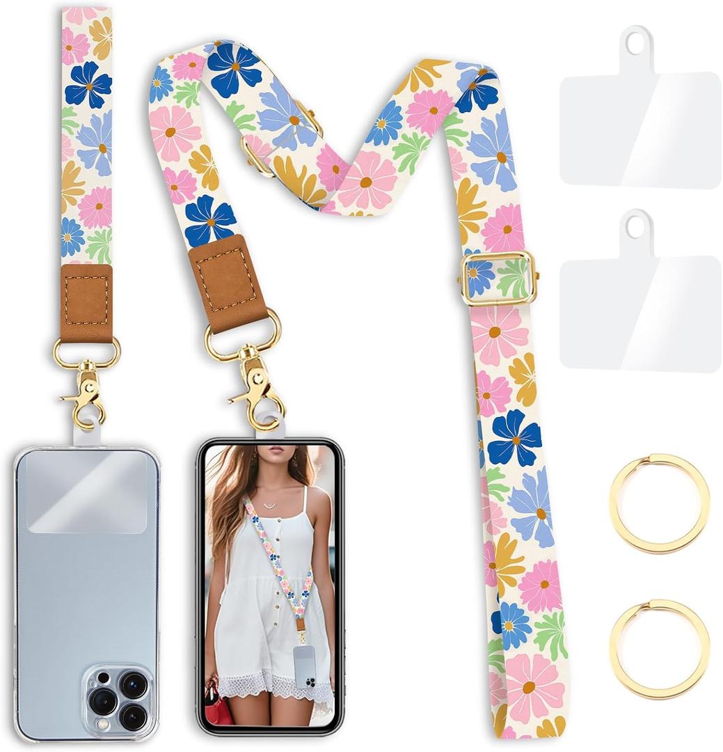 Yonlevres Floral Phone Lanyard Crossbody Strap, Flower Cell Phone Lanyards for around the Neck Cross Body, Wristlet Wrist Strap Adjustable for Women Keys Case Accessories Beach Travel Essentials