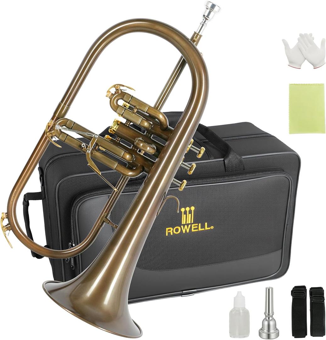 ROWELL Bb Flugelhorn Antique Finish & Brass Body for Band Jazz Performance (Black)