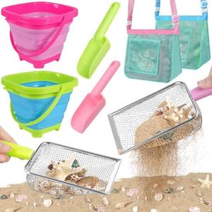 FHOZGECY Beach Toys, Sand Toys with 2 Collapsible Beach Bucket and Beach Mesh Shovel, Sand Shovel, Shark Tooth Sifter and Mesh Bag for Shell Collecting, Sand Dipper Beach Scoop for Kids Boys Girls