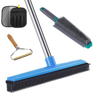 Carpet Rake for Pet Hair Removal, 4-in-1 Reusable Carpet Broom, 66" Adjustable Long Handle Carpet Rake with Squeegee,Rubber Edge Broom Rug for Hardwood Floors, Mats and Couches