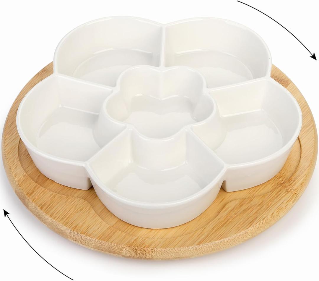 DEAYOU 11'' Lazy Susan Serving Tray, Porcelain Divided Platter with Silent Rotating Tray, Ceramic Appetizer Sectional Dish with Swivel Bamboo Tray for Chips and Dip, Nuts, Fruit, Veggie, Flower Shape