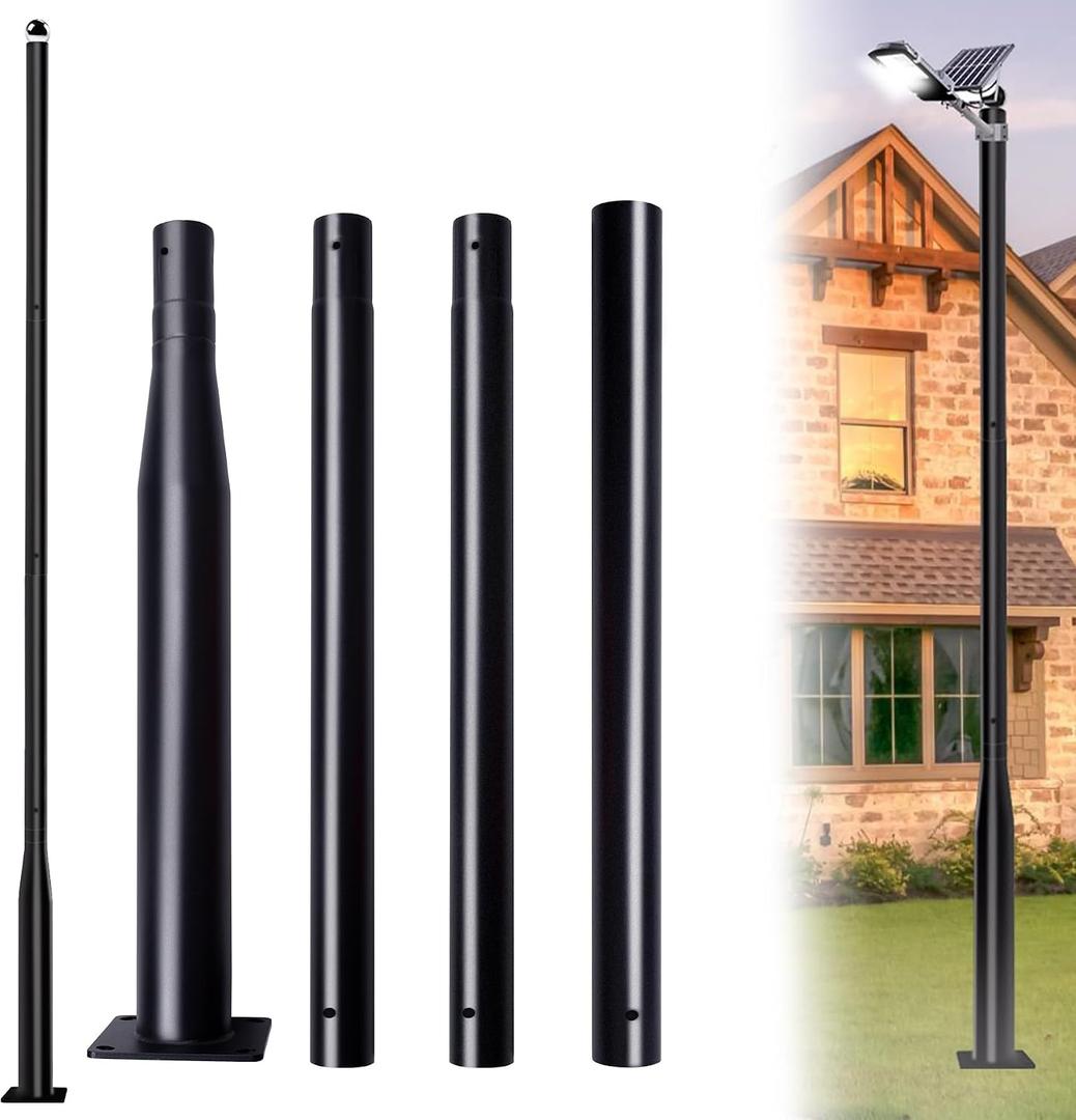 13Ft Tall Street Light Pole for Outside, Galvanized Steel Solar Street Lamp Post Perfect for Outdoor Lights Exterior Backyard Camera Porch Parking Lot with Mounting Rebar Cage(Black)