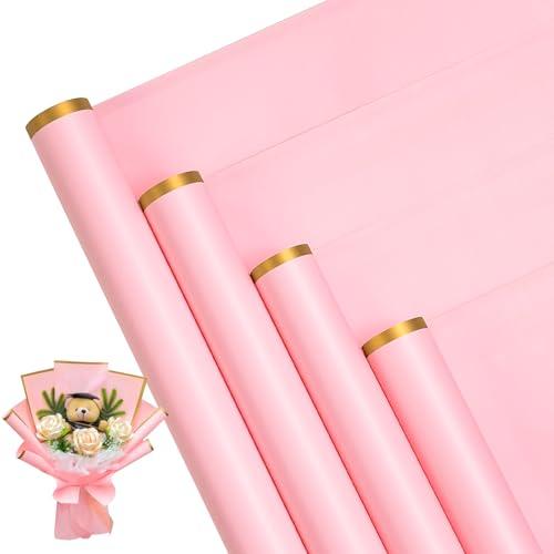 RUSPEPA 20 Sheets Flower Wrapping Paper - Gold Edge Waterproof Floral Bouquet Wrapping Paper - Florist Supplies Packaging Paper for Birthday, Wedding and DIY Crafts - Pink