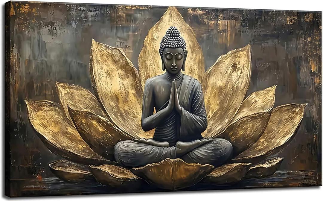 Large Buddha Lotus Canvas Wall Art Abstract Gold and Grey Zen Buddhism Decor painting Pictures Modern Serene Meditation Posters Prints for living room Bedroom Office Hallway Home Decoration (40"L x 20"W)