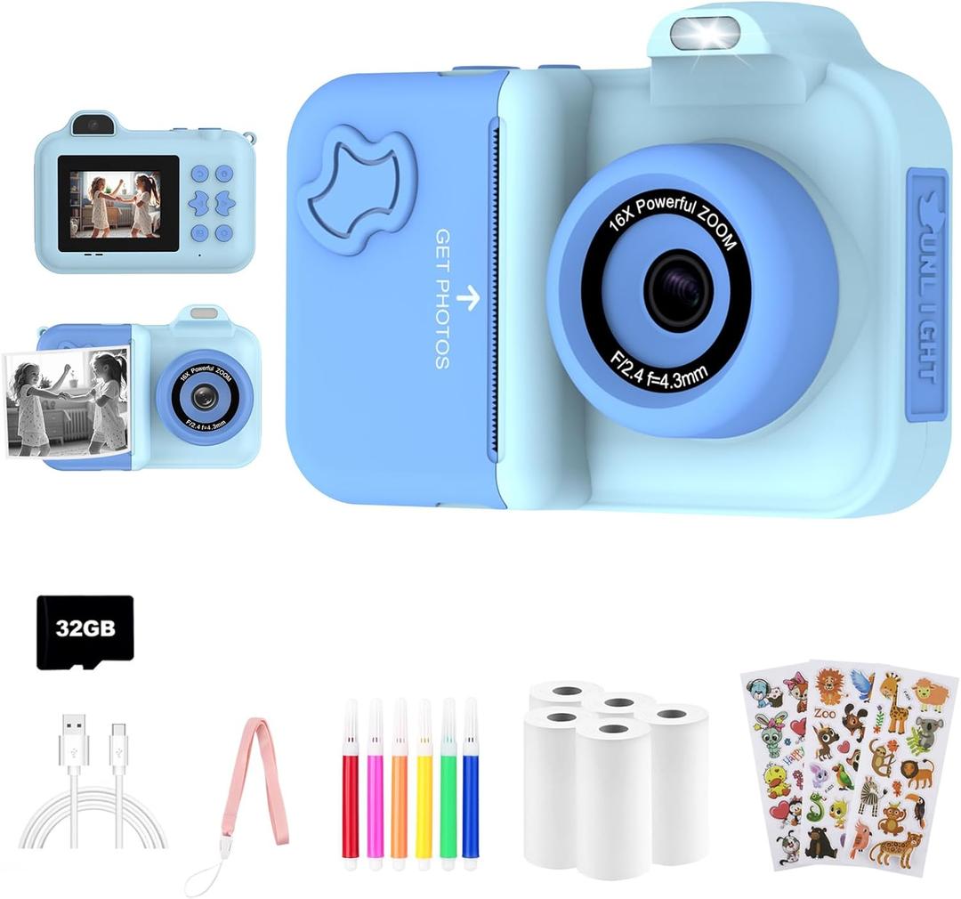 Kids Camera Instant Print, Christmas Birthday Gifts Toys for Girls Boys Age 4 5 6 7 8 9 10 11 12 Years Old,1080P HD Dual Lens Selfie Digital Camera with 5 Rolls Print Paper Stickers Pens 32G Card (Blue)
