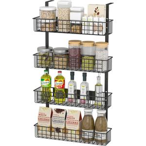 4 Tier Magnetic Spice Rack | Strongly Magnetic Spice Shelf with Utility Hooks | Refrigerator Spice Storage | Kitchen Storage Rack for Placing Seasoning Bottles, Plastic Wraps or Garbage Bags (Black)