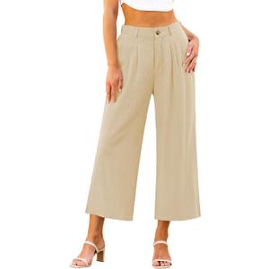 GRAPENT Wide Leg Capri Pants for Women High Waisted Linen Flowy Pleated Capris Cropped Trousers Pants Dressy Casual (L)