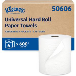 Kleenex Universal Hard Roll Paper Towels, Bulk (50606), Hardwound 1.75" Core, Premium Absorbency Pockets, White, (600'/Roll, 6 Rolls/Case, 3,600'/Case)