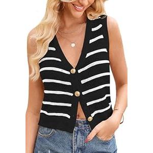 Womens Crochet Sweater Vest Summer Sleeveless Knit Tops Button Down Trendy Casual V Neck Cropped Cardigan Black White Striped XL