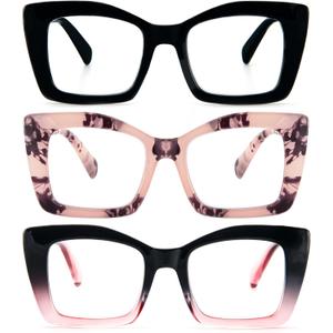 REAVEE Oversized Square Reading Glasses for Women, Blue Light Blocking Large Frame Computer Readers Spring Hinge