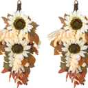 2PCS Fall Teardrop Swag 17.7 Autumn Wall Hanging Wreaths Artificial Pumpkin Maple Swags for Front Door Thanksgiving Harvest Festivals Halloween Decorations (Champagne)