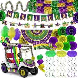 Mardi Party Float Decorations - 58 Pcs Banner Handheld Fan Flags Balloon Fringe Garland Crepe Paper Fans Pompoms Hanging Swirls Strips Feather Decor Set Carnival Supplies for Golf Cart
