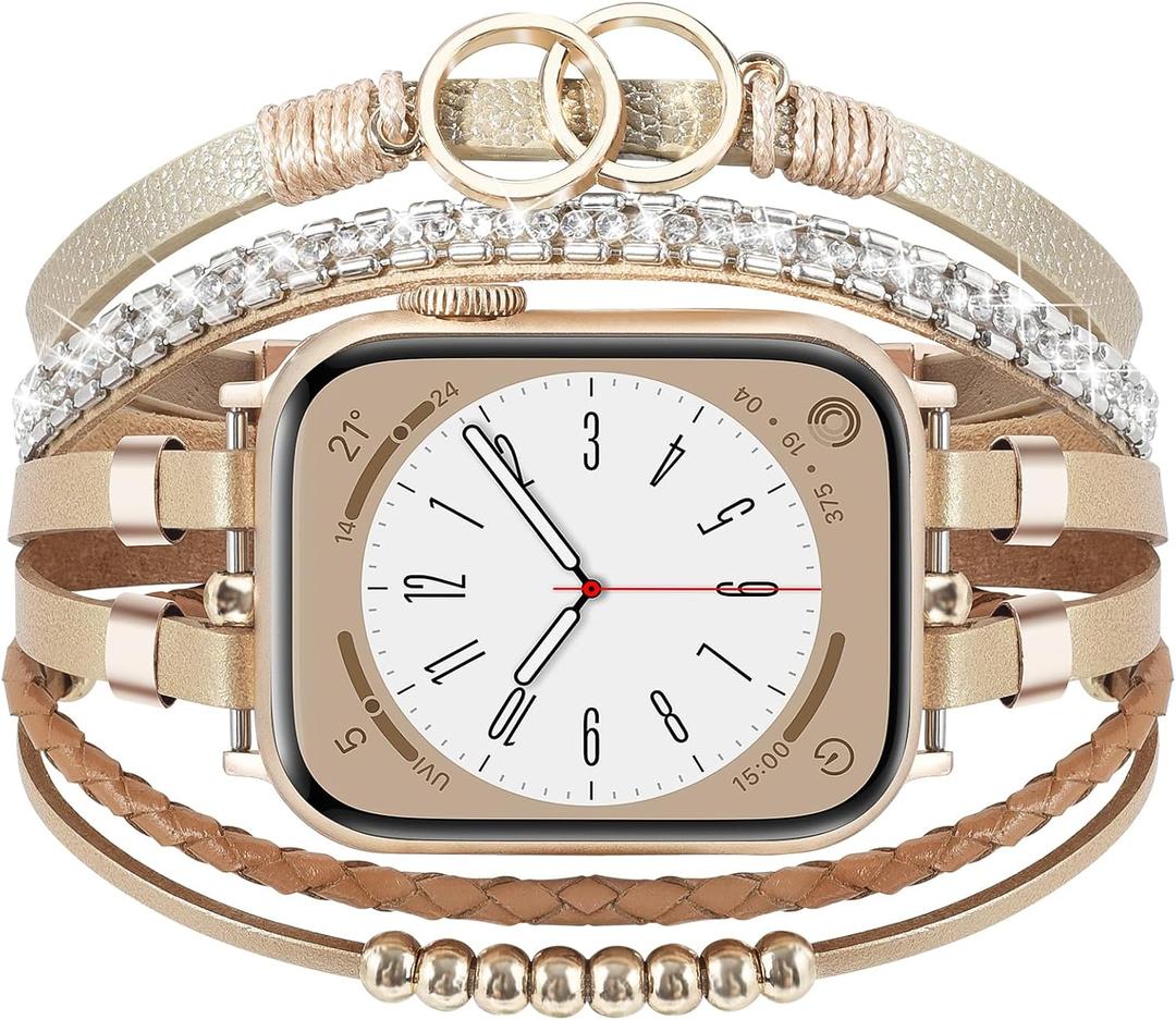 MOFREE Boho Leather Bracelet Compatible with Apple Watch Band 38mm 40mm 41mm Women, Adjustable iPhone Watch Bands Fancy Jewelry Multilayer Strap Wrap for iWatch Bands Series 10 9 8 7 6 5 4 3 2 1 SE (Khaki)