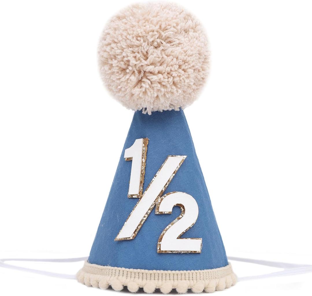 Half Birthday Hat -Baby 1/2 Birthday Cone Hat,Six Months Decorations,Party Hat Outfit for Girls/Boys (Navy Blue)