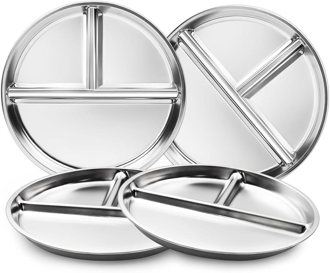 Bakpoco Stainless Steel Kids Plates Set of 4, 9" Portion Control Plates Divided Plate for Adults Toddlers Balance Lunch, Bariatric & Diabetic Diet, Non Toxic Camping Metal Snack Plate for Eating