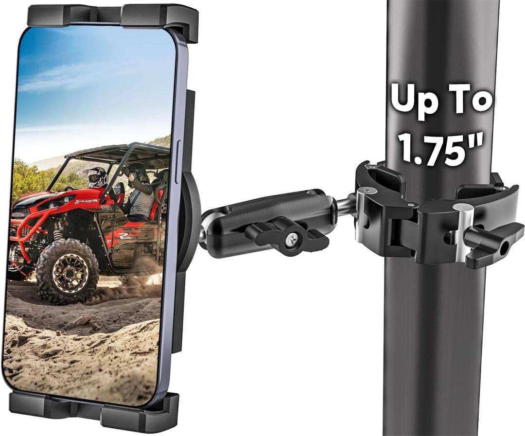 GDZN UTV Phone Mount for 1.5"-1.75" Roll Cage, Anti-Vibration Heavy Duty UTV/SXS Phone Holder with 360 Adjustable Arm, Aluminum Alloy Roll Bar Bracket Fit Polaris RZR, Can-Am for 4.7"-7.6" Devices