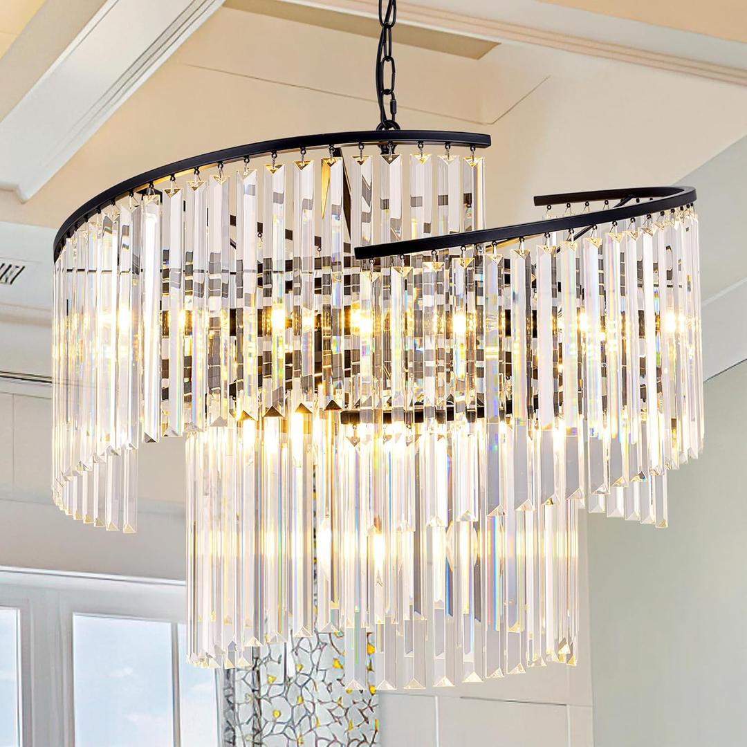 Wellmet 9-Light Crystal Chandelier, 28" Black Crystal Chandelier for Dining Room, Modern Adjustable Height Ceiling Pendant Light Fixture for Entryway, Living Room, Kitchen, Bedroom, Hallway, Staircase