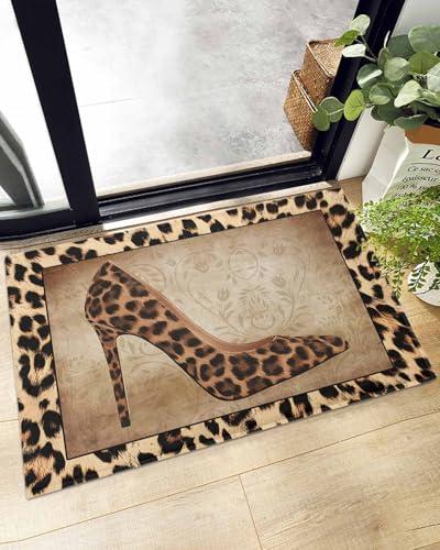 Floor Door Mats Shag Carpet Leopard Print Sexy Female High Heels,Non Slip Super Soft Bath Rugs Vintage Brown Animal Skin Texture,Shaggy Fuzzy Area Rug for Kitchen/Bathroom/Bedroom/Living Room Decor