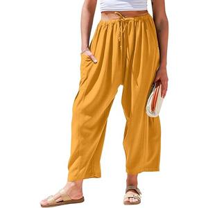 TARSE Womens Linen Wide Leg Pants Casual Loose Drawstring Low Waist Beach Palazzo Harem Pants with Pockets(Yellow, L)