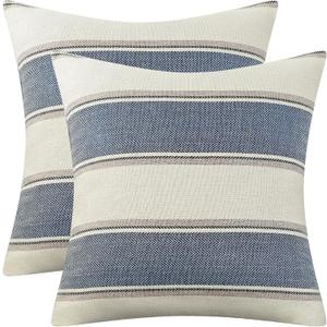 AmHoo Pack of 2 Farmhouse Linen Throw Pillow Cover Cushion Stripe Decoration Buffalo Retro Pillowcase with Hidden Zipper for Sofa Bedroom Car 18 x 18 Inch Blue