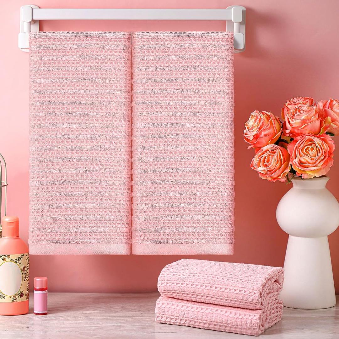 4 Pack Pink Hand Towels Waffle Striped Pattern 100% Cotton Soft Hand Towels for Bathroom 13 x 29 Inch Absorbent Waffle Washcloths for Bathroom Kitchen