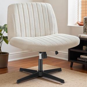 DUMOS Criss Cross Legged Chair Wide Comfy Home Office Desk Seat, No Wheels Armless Computer Task Seating, Swivel Vanity Chair Height Adjustable for Makeup Bedroom, Fabric Beige