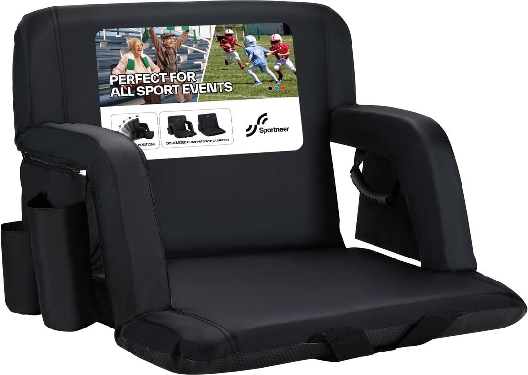 Sportneer Stadium Seats with Back Support: 2.5'' Thick Comfy Cushion 6 Adjustable Angle Bleacher Seat with Armrest - 2 Large Pockets, 2 Cup Holders Stadium Chair for Sport Events Concerts Parks (Extra Wide - 24", Black)