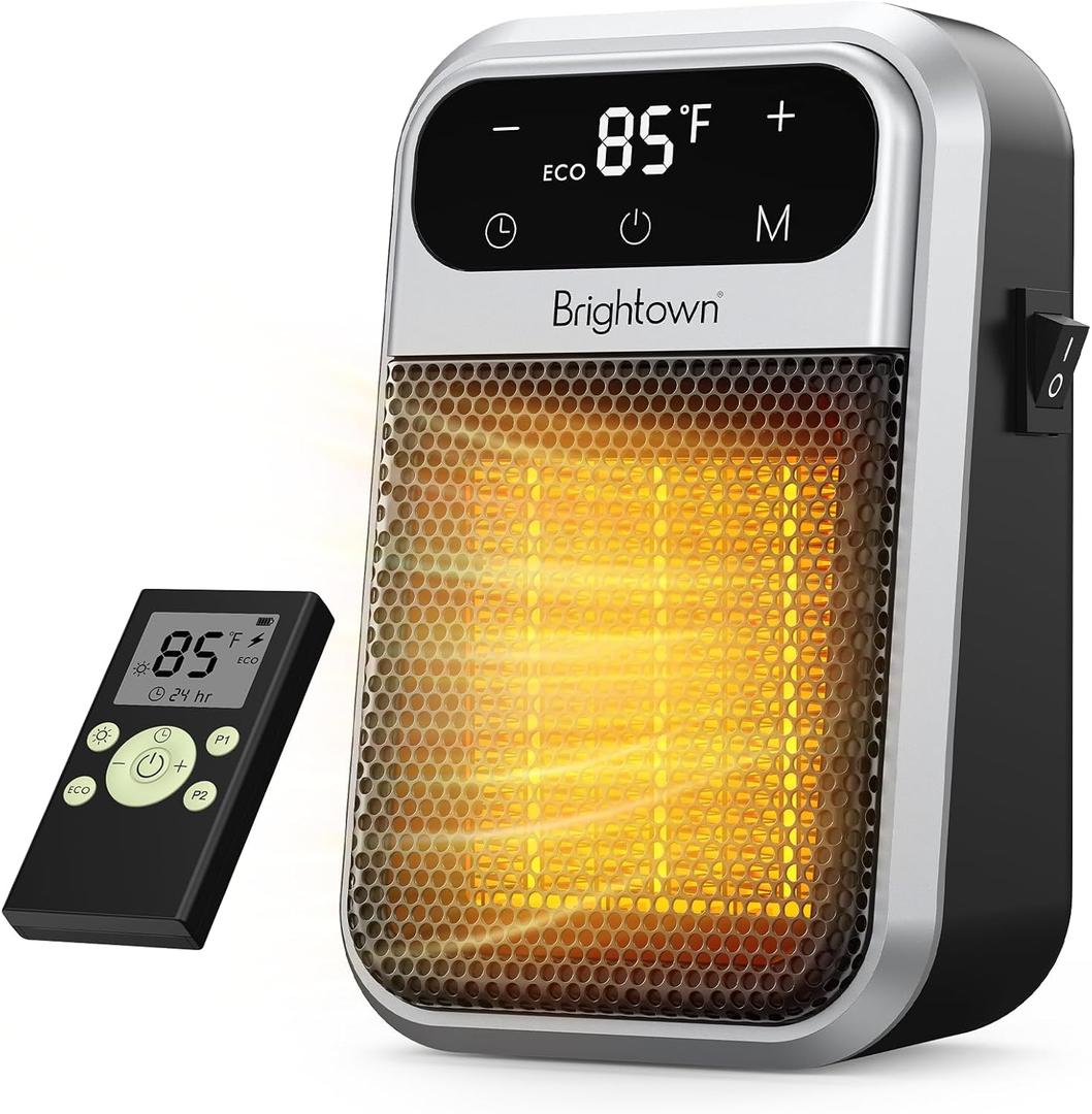 Brightown 800W Plug in Heater with Remote - Outlet Space Heater with Touch LED Display, Small Electric Wall Heaters for Indoor Use with Adjustable Thermostat and 12H Timer for Bathroom Office Bedroom (Silver)