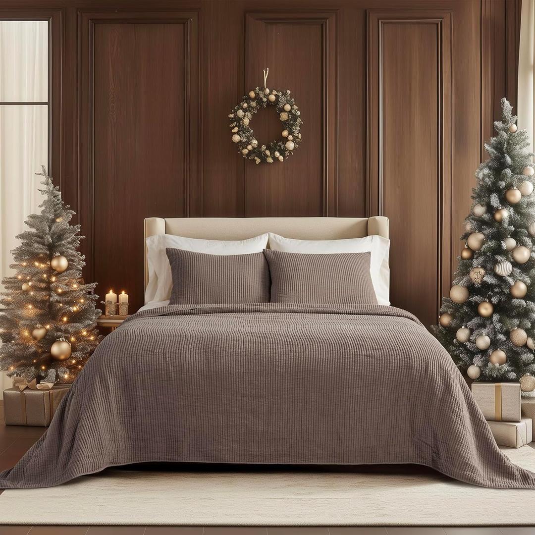 EVERGRACEHOME Cotton Coverlet Set Full Queen Size 3 Pieces, Lightweight Soft Ribbed Matelass Bedspread Quilt Set, Cozy Oversized Quilted Bedding Set with 2 Pillow Shams for All Seasons, Mocha Brown