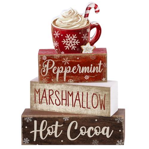 Moucuny 4 Pcs Christmas Table Decor Wooden Hot Cocoa Decoration Christmas Centerpiece Winter Tiered Tray Decor Decorative Red Hot Cocoa Block Signs Farmhouse Xmas Decoration for Home