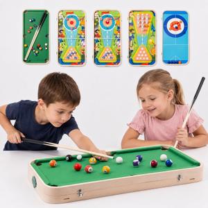 5 in 1 Tabletop Game Set for Kids Boys Girls, Wooden Mini Pool Table with Billiards, Bowling, Hockey, Curling & Sling Puck, Compact Multi Game Table for Home, Playroom, Family Game Night