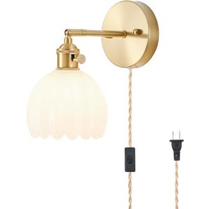 Plug in Wall Sconce, Vintage Sconce Light with Tulip Milk White Glass Lampshade, Bedside Wall Sconce with Switch and Plug in Wall Lamp Cord, Gold Wall Light for Bedroom (Plug in1 Pack)