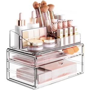 Delamu 3-Tier Clear Makeup Organizer with Drawer, Acrylic Cosmetic Display Case for Makeup Vanity Bathroom Counter Organizers and Storage, Stackable Vanity Organizer for Brushes Lipsticks Skincare