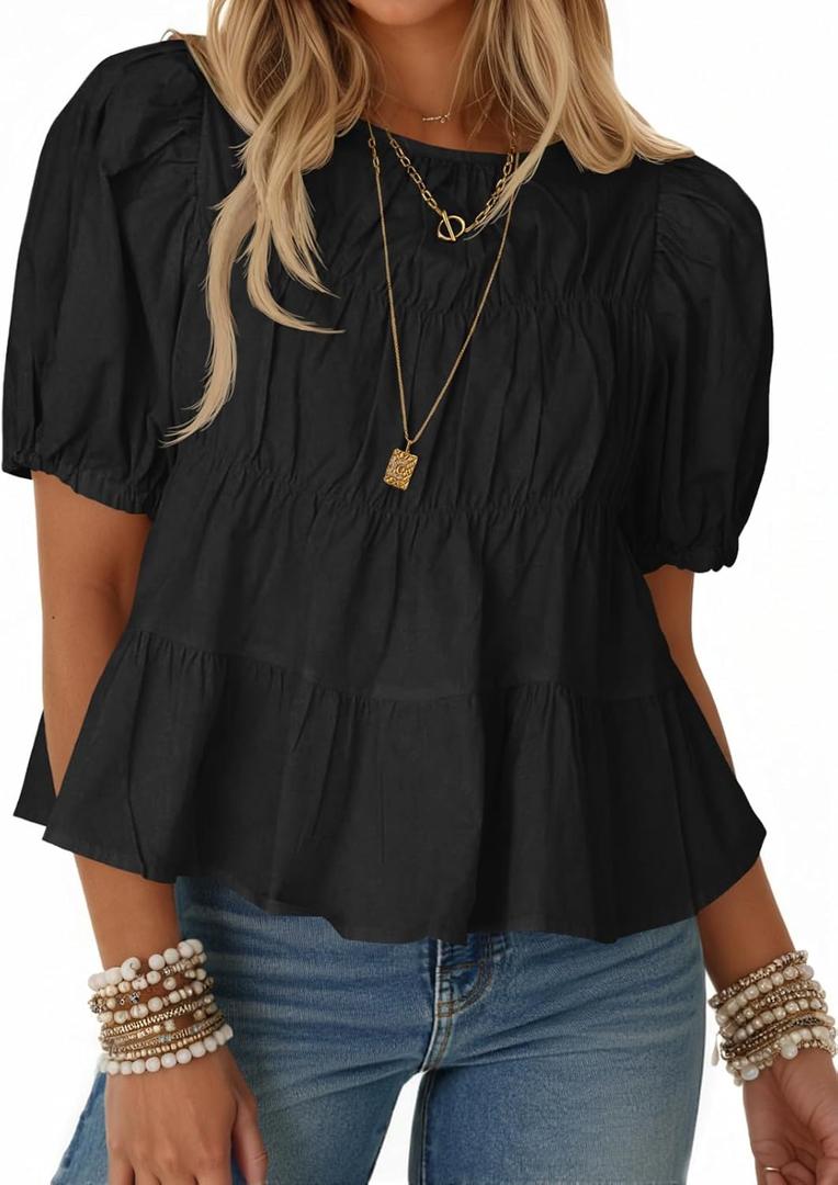Tankaneo Womens Puff Sleeve Peplum Babydoll Tops Summer Flowy Pleated Cotton T-Shirts Casual Loose Fit Cute Blouse (Black, M)