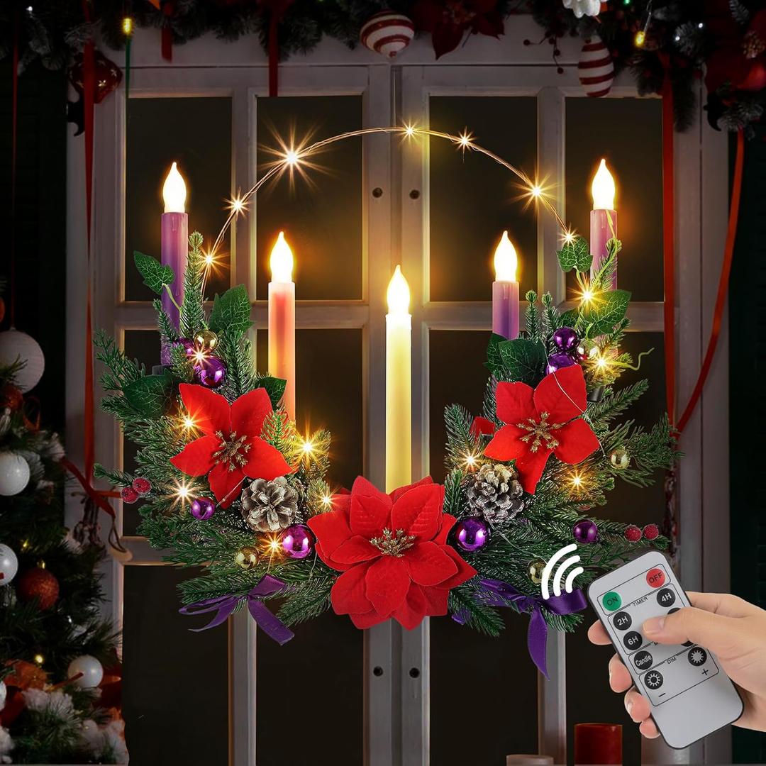 1 Set Advent Wreath with 5 Flameless Candle (Pink Purple White) and Timer Remote Control, 1 Advent Wreath Candle Holder, 1 LED Strings for Holiday Party Decor(Poinsettia,20 Inch)
