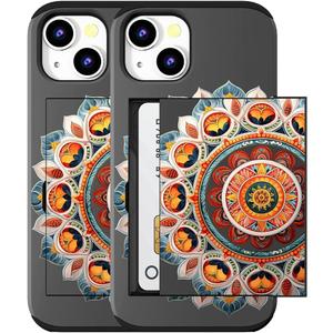 Compatible for iPhone 15 Case with Card Holder Cute - Kawaii Design Military-Grade Drop Protection Rugged Wallet Cases for Women (Black Intricate Mandala)