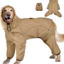 Dog Raincoat, Waterproof Dog Rain Jacket with Removable Hood Adjustable 4 Legs Pet Poncho with Leash Hole Reflective Stripe Hooded Snow proof Windproof Clothes for Dogs, M (Khaki Green)